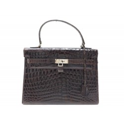 VINTAGE SAC A MAIN RABAT TYPE KELLY EN CUIR DE CROCODILE ALLIGATOR CHOCOLAT BAG