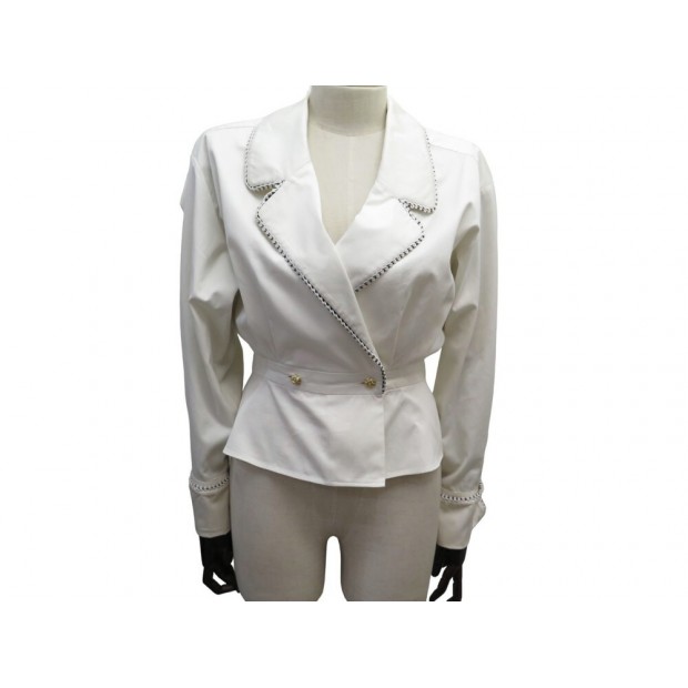 VINTAGE VESTE LEGERE D'ETE CHANEL BOUTONS CAMELIA M 38 BLOUSE EN COTON BLANC