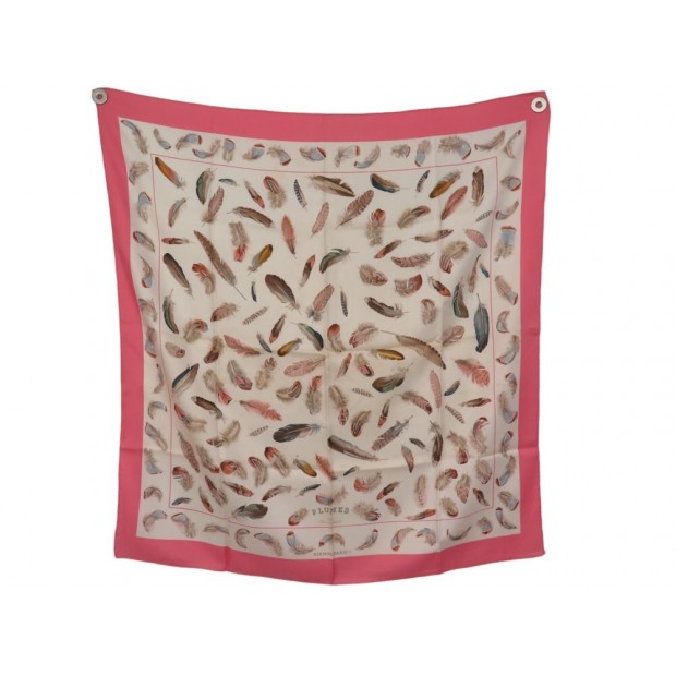 FOULARD HERMES PLUMES HENRI DE LINARES CARRE 90 EN SOIE ROSE SILK SCARF 460€