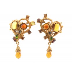 BOUCLES D'OREILLES CHRISTIAN LACROIX COEUR EN METAL DORE PIERRES EARRINGS