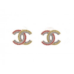 NEUF BOUCLES D'OREILLES CHANEL LOGO CC & STRASS MULTICOLORES NEW EARRINGS 650€