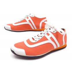 NEUF CHAUSSURES HERMES KOOL 39.5 BASKETS EN TOILE & CUIR ORANGE BLANC SHOES 510€