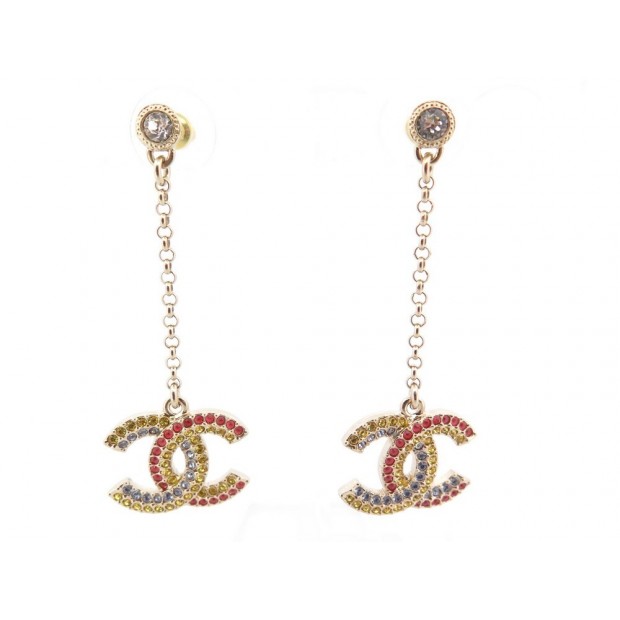 NEUF BOUCLES D'OREILLES CHANEL LOGO CC MULTICOLORE PENDANTES EARRINGS 1180€