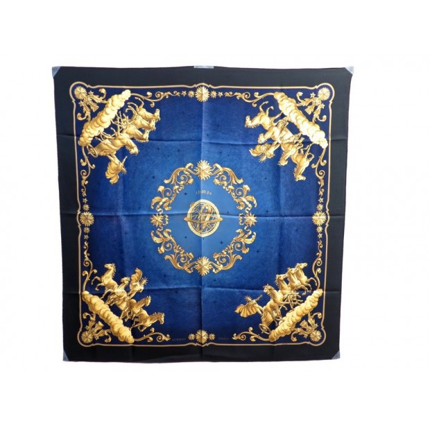 FOULARD HERMES COSMOS EN SOIE NOIR BLEU DORE PHILIPPE LEDOUX SILK SCARF 345€