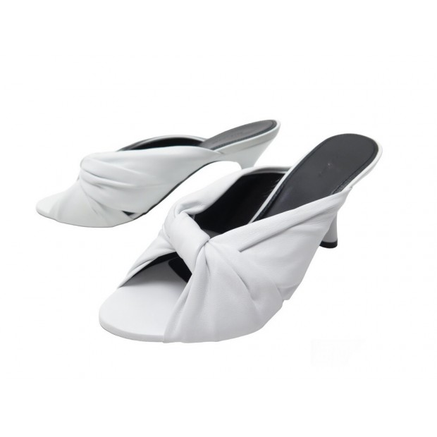 NEUF CHAUSSURES SANDALES BALENCIAGA 617574 MULES DRAPY 38 EN CUIR BLANC 595€