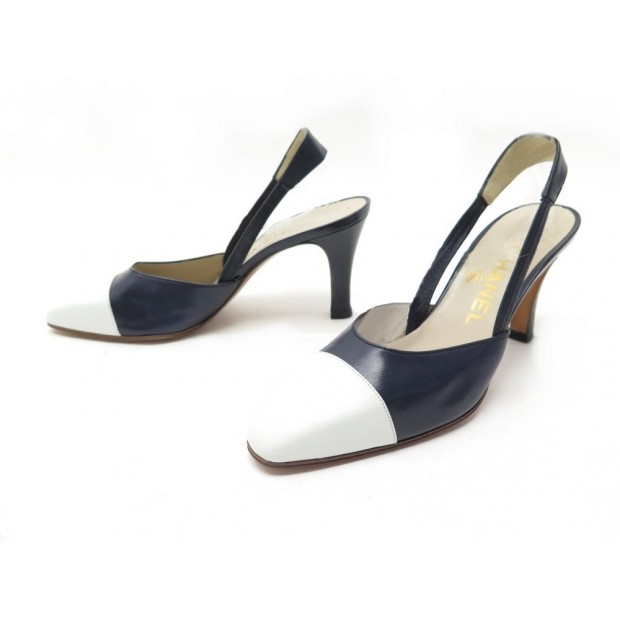 NEUF VINTAGE CHAUSSURES CHANEL ESCARPINS SLINGBACK 36 CUIR BLEU SHOES PUMPS 960€