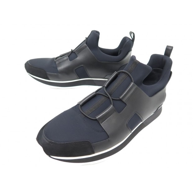 CHAUSSURES BASKETS HERMES PLAYER 43 TOILE BLEU CUIR NOIR SNEAKERS + BOITE 805€