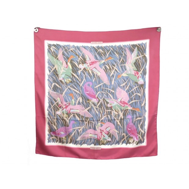 VINTAGE FOULARD HERMES COLS VERTS C. VAUZELLES CARRE 90 EN SOIE ROSE SCARF 460€