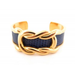 BRACELET HERMES NOEUDS MARINS ENTRELACES 15CM EN CUIR LEZARD BLEU PLAQUE OR 555€