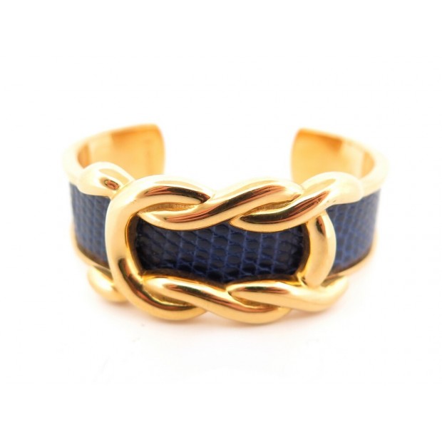 BRACELET HERMES NOEUDS MARINS ENTRELACES 15CM EN CUIR LEZARD BLEU PLAQUE OR 555€