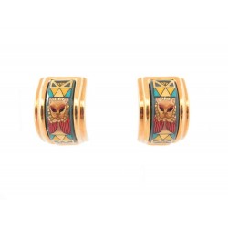 NEUF BOUCLES D'OREILLES HERMES EN EMAIL IMPRIME LION PLAQUE OR NEW EARRINGS 500€