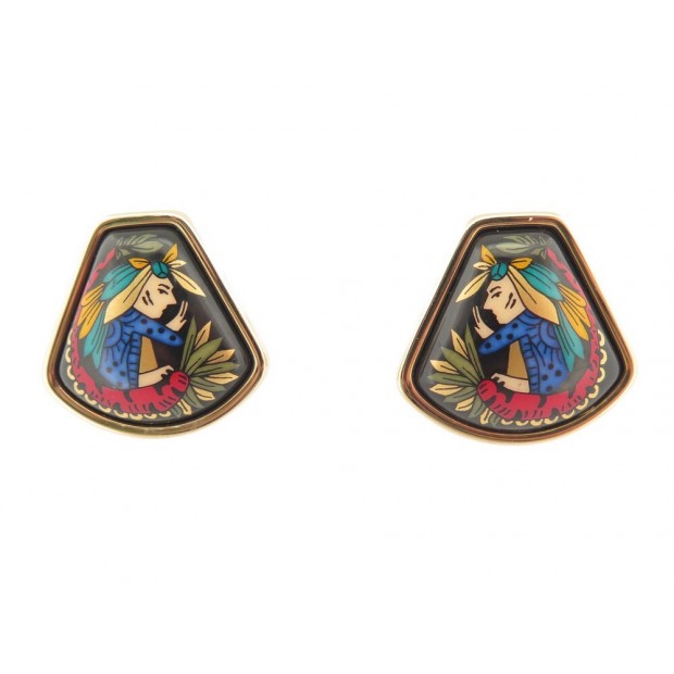 NEUF BOUCLES D'OREILLES HERMES EN EMAIL IMPRIME AZTEQUE PLAQUE OR EARRINGS 500€