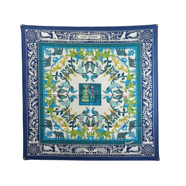 NEUF VINTAGE FOULARD HERMES EARLY AMERICA PERRIERE CARRE 90 SOIE BLEU SCARF 460€