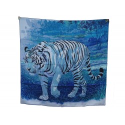 RARE FOULARD HERMES TIGRE DU BENGALE DALLET CARRE 90 SOIE BLEU + BOITE SCARF