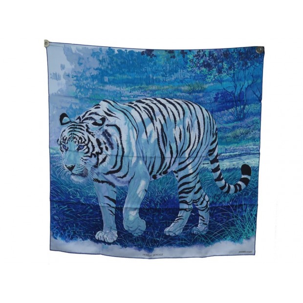 RARE FOULARD HERMES TIGRE DU BENGALE DALLET CARRE 90 SOIE BLEU + BOITE SCARF