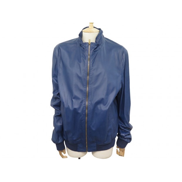 VESTE GUCCI BOMBER EN CUIR BLEU MARINE 54 IT 58 FR XXL JACKET COAT 3000€