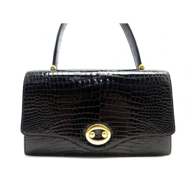 VINTAGE SAC A MAIN HERMES BOUTONNIERE EN CUIR DE CROCODILE NOIR LEATHER HAND BAG