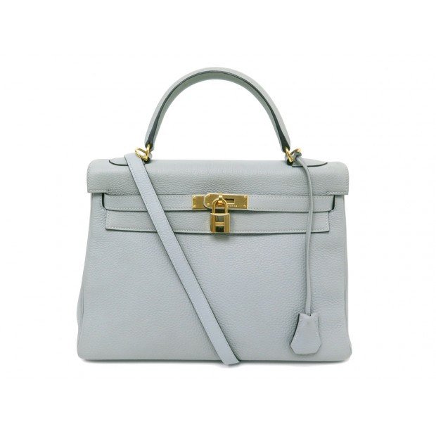 SAC A MAIN HERMES KELLY 32 CUIR RETOURNE TOGO BLEU GLACIER BANDOULIERE HAND BAG