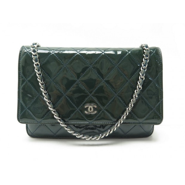 SAC A MAIN CHANEL WALLET ON CHAIN EN CUIR VERNI VERT BANDOULIERE WOC BAG 3650€