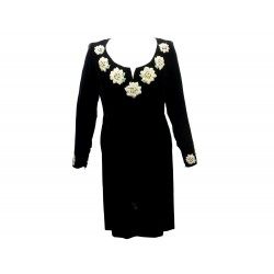 VINTAGE ROBE CHANEL EDELWEISS FLEURS MANCHES LONGUES 40 M VELOURS DRESS 5000€