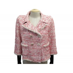 VESTE CHANEL BOUTONS LOGO CC P40986V 38 M EN TWEED ROUGE ET BLANC JACKET 5500€