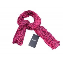 ECHARPE PLISSEE SAINT LAURENT BABYCAT CACHEMIRE ET SOIE ROSE LEOPARD SCARF 295€