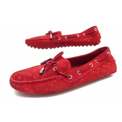 CHAUSSURES LOUIS VUITTON DRIVER MOCASSINS 38 DAIM ROUGE RED LOAFERS SHOES 710€