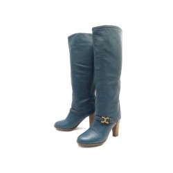 CHAUSSURES CHLOE BOTTES ZYMBA 38 A TALONS CUIR GRAINE BLEU BOOTS SHOES 1250€