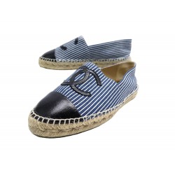 NEUF CHAUSSURES CHANEL ESPADRILLES LOGO CC A RAYURES G29762 38 BLEU SHOES 750€