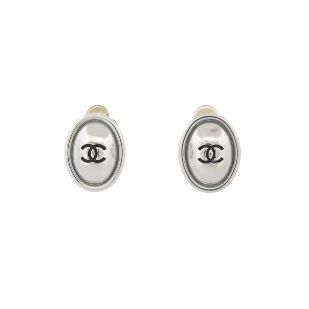 VINTAGE BOUCLES D'OREILLES CHANEL OVALE LOGO CC 1999 METAL ARGENTE EARRINGS 650€