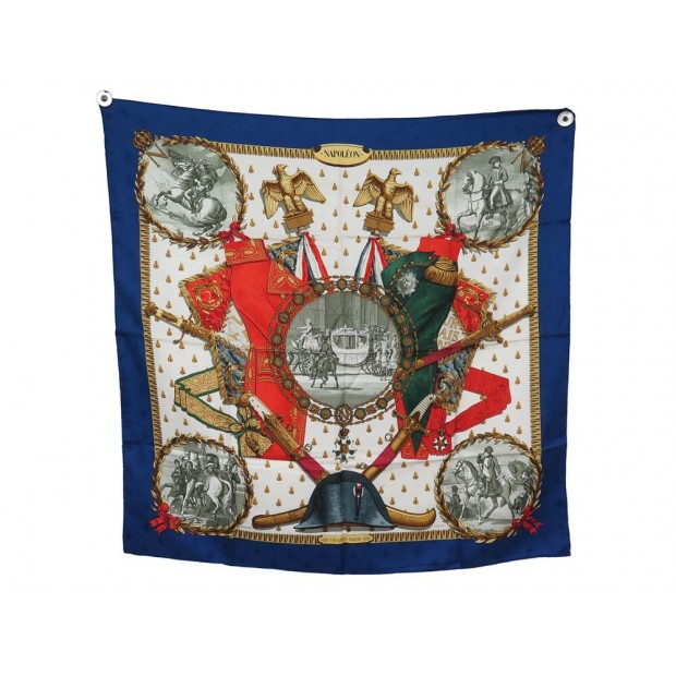 FOULARD HERMES NAPOLEON CARRE EN SOIE BROCHEE JACQUARD BLEU 90 SILK SCARF 460€