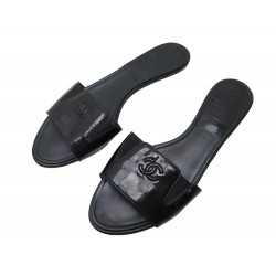 CHAUSSURES CHANEL SANDALES MULES LOGO CC 40.5 CUIR VERNI NOIR SANDAL SHOES 1500€