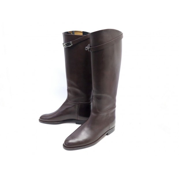 CHAUSSURES HERMES BOTTES JUMPING 39 CUIR MARRON FERMOIR KELLY BROWN BOOTS 2130€