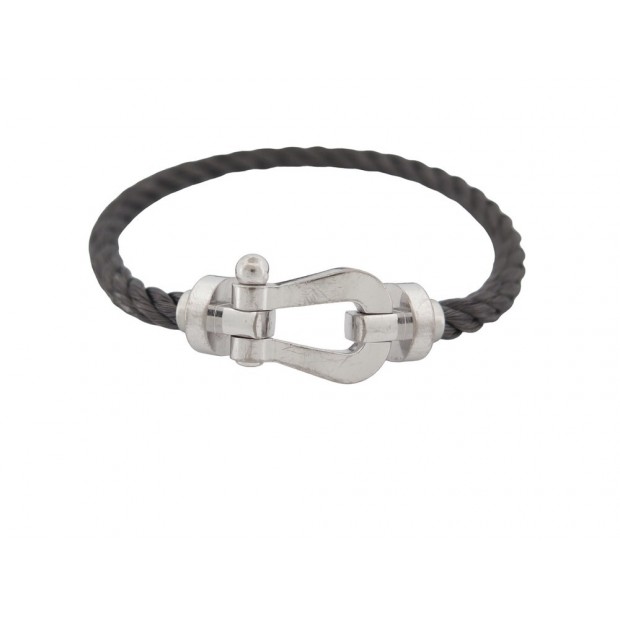 BRACELET FRED FORCE 10 GM MANILLE OR BLANC 18K CABLE ACIER GRIS T15 BANGLE 3410€