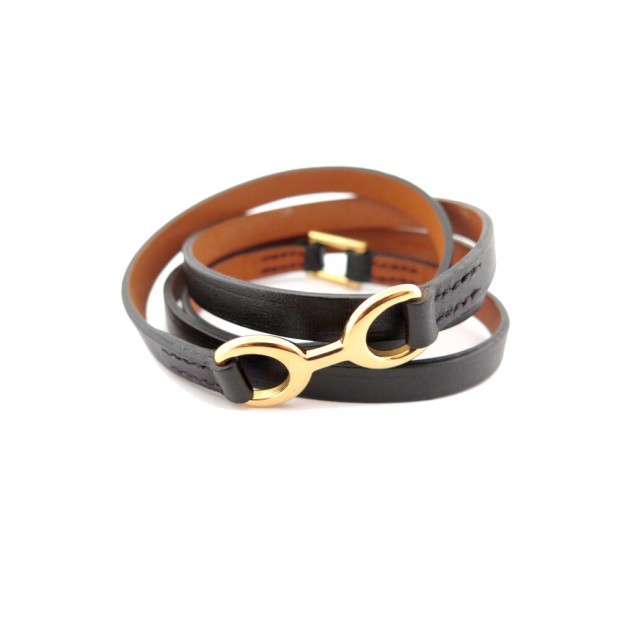 BRACELET HERMES PAVANE MORS DOUBLE TOUR 14-22 EN CUIR NOIR BANGLE STRAP 485€