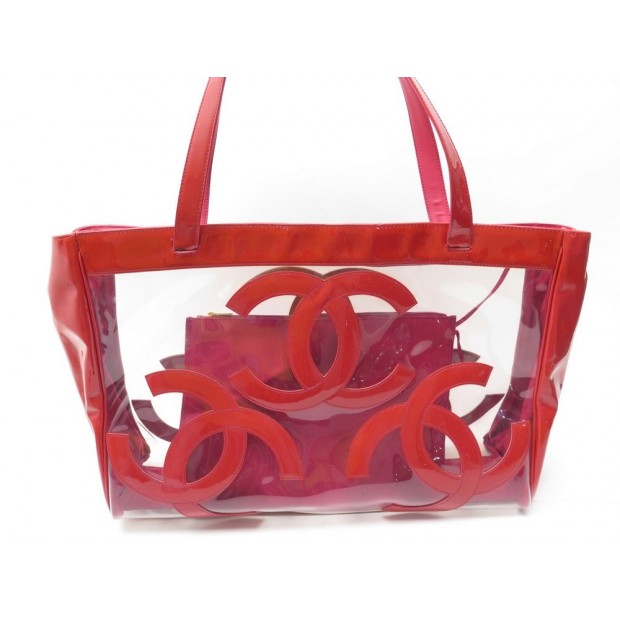 SAC A MAIN CHANEL CABAS DE PLAGE LOGO CC VINYLE ROUGE HAND BAG BEACH PURSE 5500€