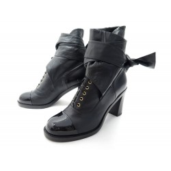 NEUF CHAUSSURES CHANEL BOTTINES G32182 LACE UP 39 EN CUIR NOIR NEW BOOTS 1850€