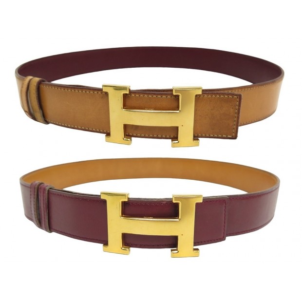 VINTAGE CEINTURE HERMES T74 CUIR BOX BORDEAUX GOLD REVERSIBLE LEATHER BELT 800€