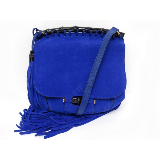 SAC A MAIN GUCCI BESACE BAMBOO FRANGE MEDIUM DAIM BLEU BANDOULIERE FRINGE BAG