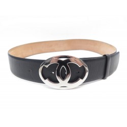 CEINTURE CHANEL BOUCLE LOGO CC 90 CM EN CUIR NOIR ET METAL ARGENTE LEATHER BELT