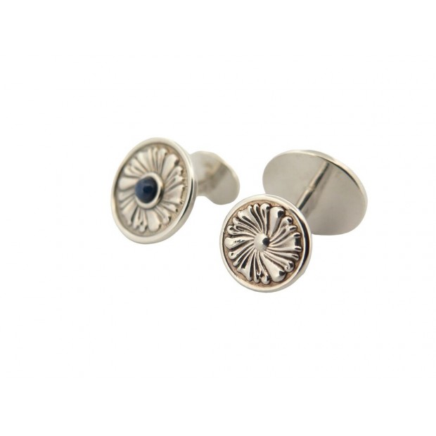 NEUF BOUTONS DE MANCHETTE BUCCELLATI FLEURS EN ARGENT MASSIF ET SAPHIRS BLEUS