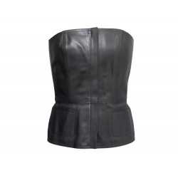 BUSTIER HERMES EN CUIR BOX NOIR T 38 M BLACK LEATHER TOP JP GAULTIER + BOITE BOX