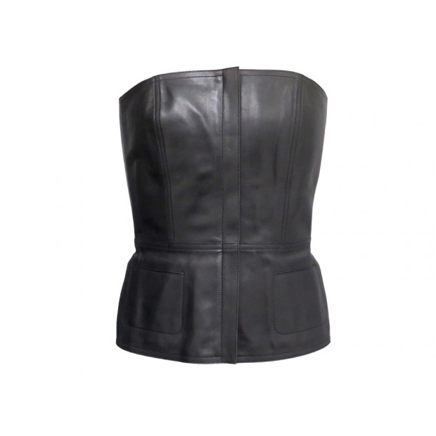 BUSTIER HERMES EN CUIR BOX NOIR T 38 M BLACK LEATHER TOP JP GAULTIER + BOITE BOX