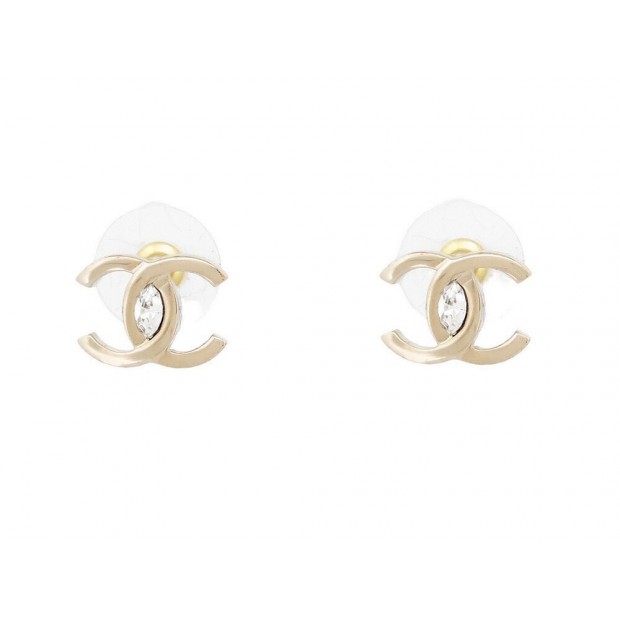 NEUF BOUCLES D'OREILLES CHANEL LOGO CC STRASS & METAL DORE GOLDEN EARRINGS 650€