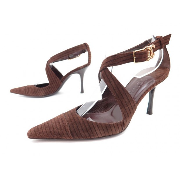 CHAUSSURES CHANEL 36.5 ESCARPINS EN DAIM VEAU VELOURS MARRON LOGO CC SHOES 650€