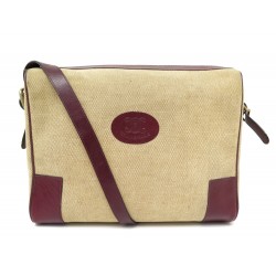 VINTAGE SAC A MAIN CELINE BANDOULIERE EN TOILE ET CUIR BEIGE ET BORDEAUX HANDBAG