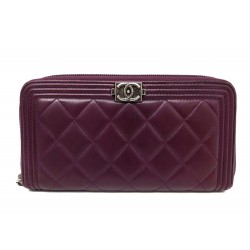 PORTEFEUILLE CHANEL BOY ZIPPE A80815 CUIR MATELASSE PRUNE LEATHER WALLET 1040€