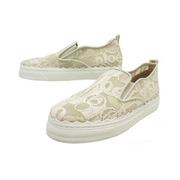 CHAUSSURES CHLOE BASKETS SLIP ON LAUREN 40 EN DENTELLE BEIGE LACE SHOES 480€