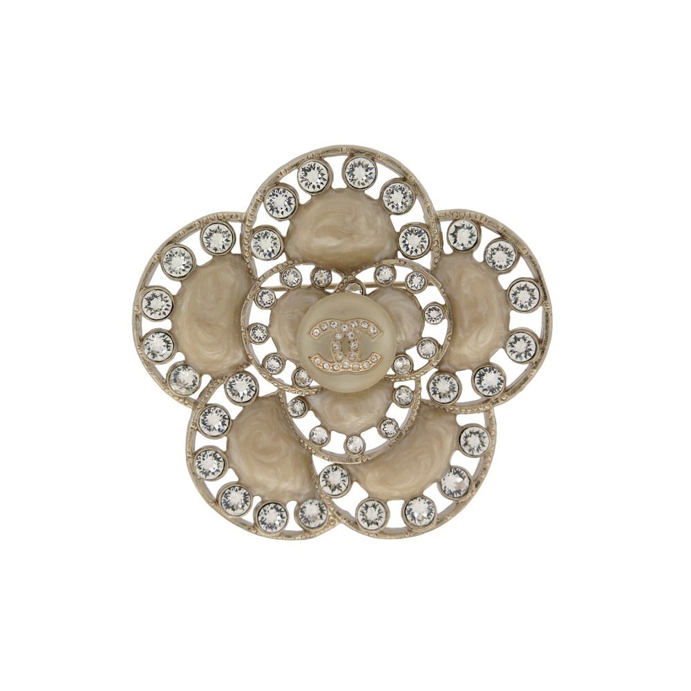 broche chanel camelia strass en metal dore