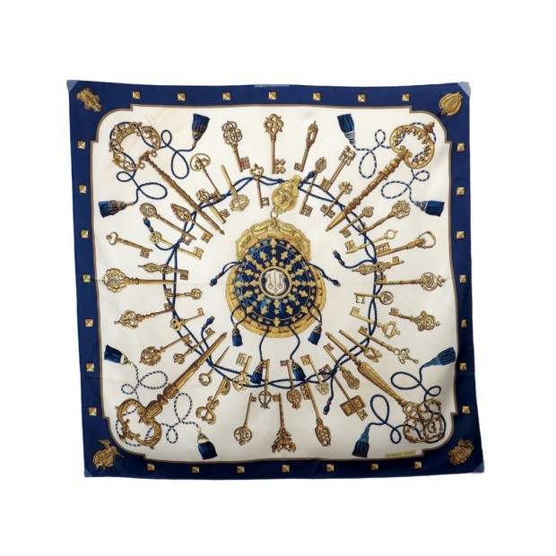 FOULARD HERMES LES CLES DE CATHY LATHAM EN SOIE BLEU FEMME BLUE SILK SCARF 345€